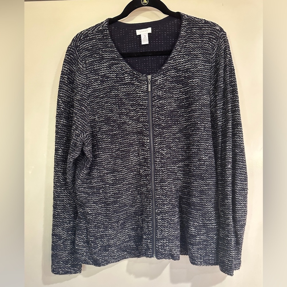Chicos Black Textured Zip Sweater Jacket